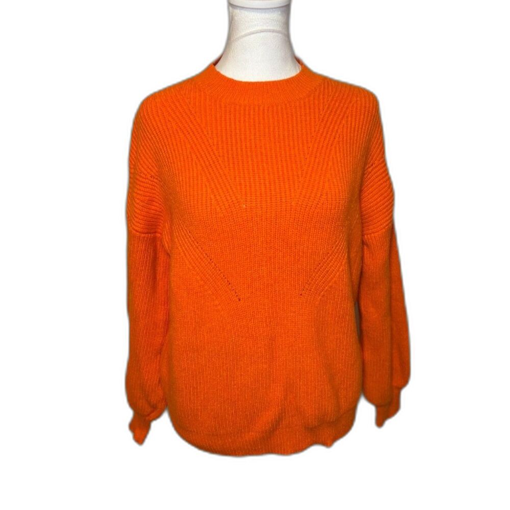 BTFBM Vibrant Orange Ribbed Crew Neck Knit Sweater V-Pattern Long Sleeve
